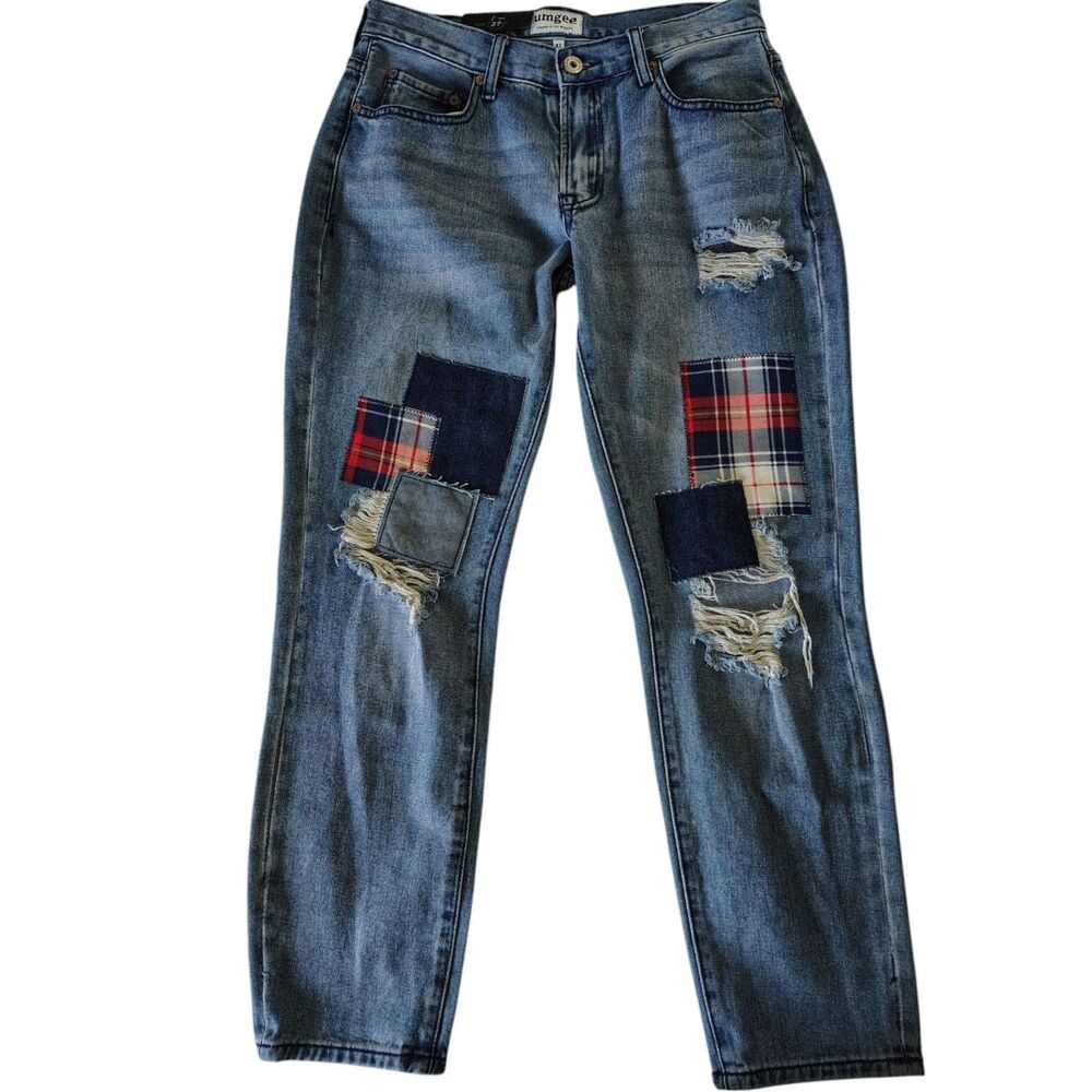 Umgee Boyfriend Distressed Patched Straight Leg Denim Blue Jean Size 27